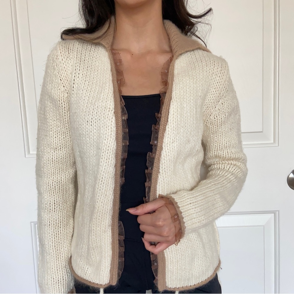 Cream Cardigan with Brown Ruffle - Picture 2 of 12